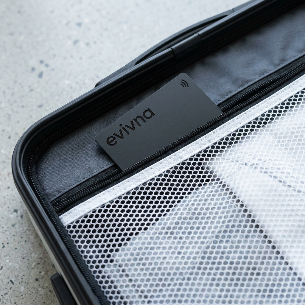 Tracking card in a suitcase pocket